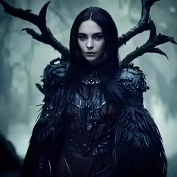 a girl with horns and wings standing in front of a tree