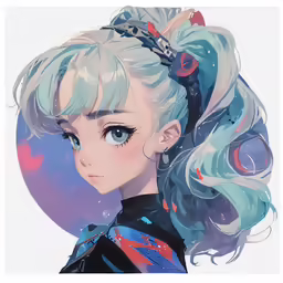 a person with blue hair and some water in her hair