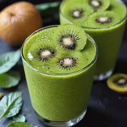 green fruit smoothie with kiwis inside of it