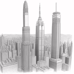 black and white drawing of skyscrapers with high rise buildings,a pencil drawing of two buildings next to each other