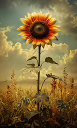 a large yellow sunflower on top of a field