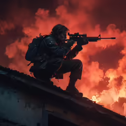 a man with a gun and rifle on top of a building