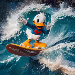 donald duck riding on an orange surfboard in the water