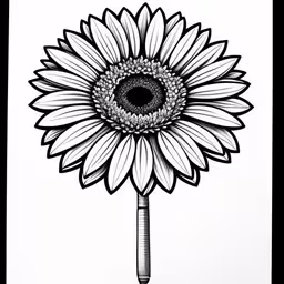 a black and white picture of a large sunflower,the back side of a sunflower that looks like it has been made into a pen,a black and white drawing of a large sunflower,an ink drawing of a large sunflower,a drawing of a sunflower in ink