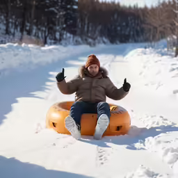woman sitting on a blow up tube while in the snow