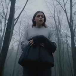 a woman in the woods looking into the distance