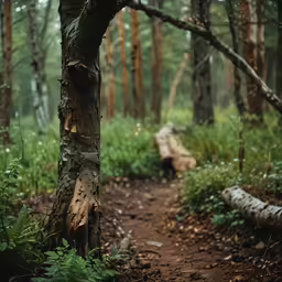 a path in the woods that has a couple large trees on it