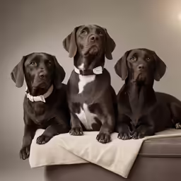 three adorable dogs with collars sit on a beige couch