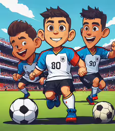 an animated image of two boys on the field,three cartoon soccer players in front of an arena