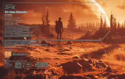 the screenshot shows a man walking on a field near mountains and the sun