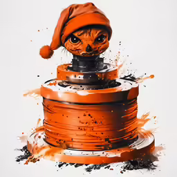 a painting shows an orange object with an odd looking face
