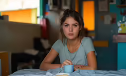 the young woman is eating from a blue cup
