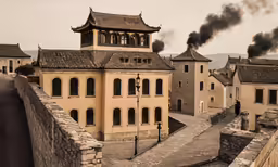 a castle in the city smoke billows from its chimneys