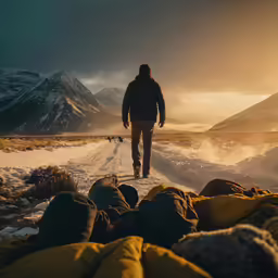 a man standing in the snow with a man laying on his back