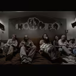 the men and women are sitting on the bed