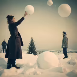 two people playing with large snow balls in the snow