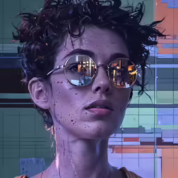 a girl is standing under some paint wearing mirrored glasses