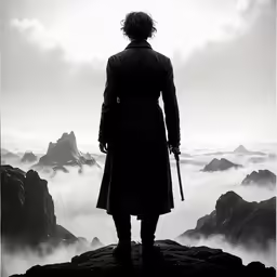 a man in a long trench coat stands on top of a mountain