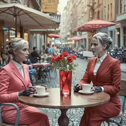 two ladies sit at a table and talk