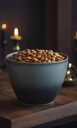 there is a bowl filled with dog food on the table