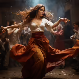 a woman dancing in a long dress with her hair flying
