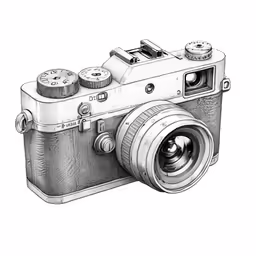 an old camera, with the lens facing upward and a black ink painting underneath it
