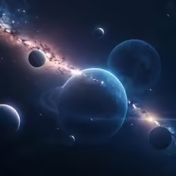 the planets in space are shining brightly in a very dark sky