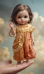 an older hand holds a doll that is standing in front of a sky filled with clouds