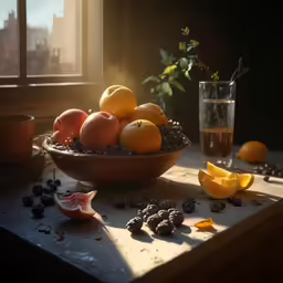 oranges are arranged in a bowl next to some fruit