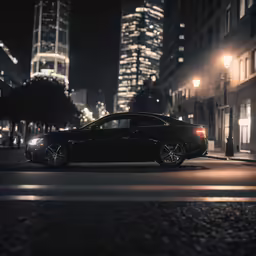 a black car driving through an empty road at night