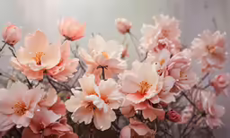 a vase filled with pretty pink flowers next to an artistic wall