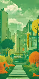 a small pathway in an city surrounded by buildings,there is a painting of a city with people and buildings
