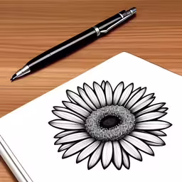 a black pen is sitting on top of a notebook,a black and white drawing of a sunflower on top of a desk