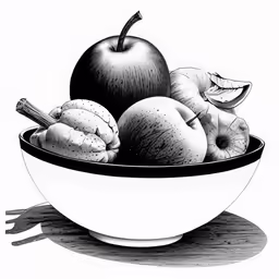 black and white photograph of apples in a bowl