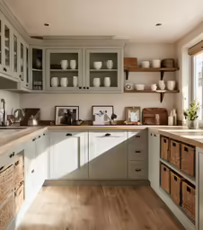 a kitchen that has green cabinets and brown floors