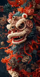 a dragon made from paper and some flowers