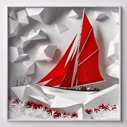 a paper sculpture of a red sailboat on a rocky coast
