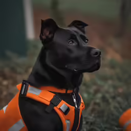 black dog wearing an orange vest standing outside
