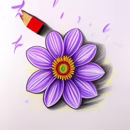 a drawing of a purple flower with a pencil next to it,this is an illustration of a colored pencil and flower