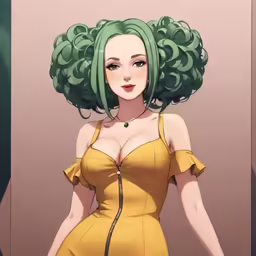 an anime character in yellow dress with large green hair