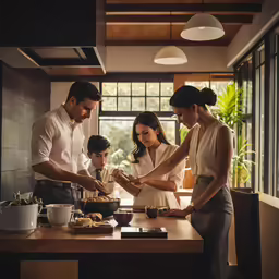 some people and a boy are preparing food