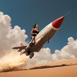 woman posing on an airplane that is in the air