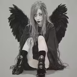 a person sitting with wings and wearing boots