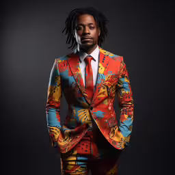 man with dreadlocks wearing brightly colored suit,a person is posing for a photo in a suit