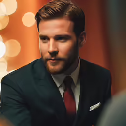 a man wearing a suit is sitting in front of some lights