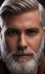 a man with gray hair and beard in front of a black background