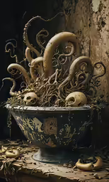 a bowl filled with octopus like things and surrounded by vines