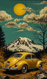 a yellow car is sitting on the ground under the moonlight and full moon