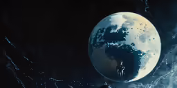 two people on a ladder are holding onto a water globe