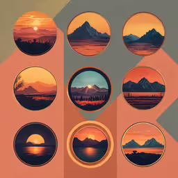 a collection of mountains round paintings with different locations,a set of seven circular scenic designs, showing the mountain ranges and the moon